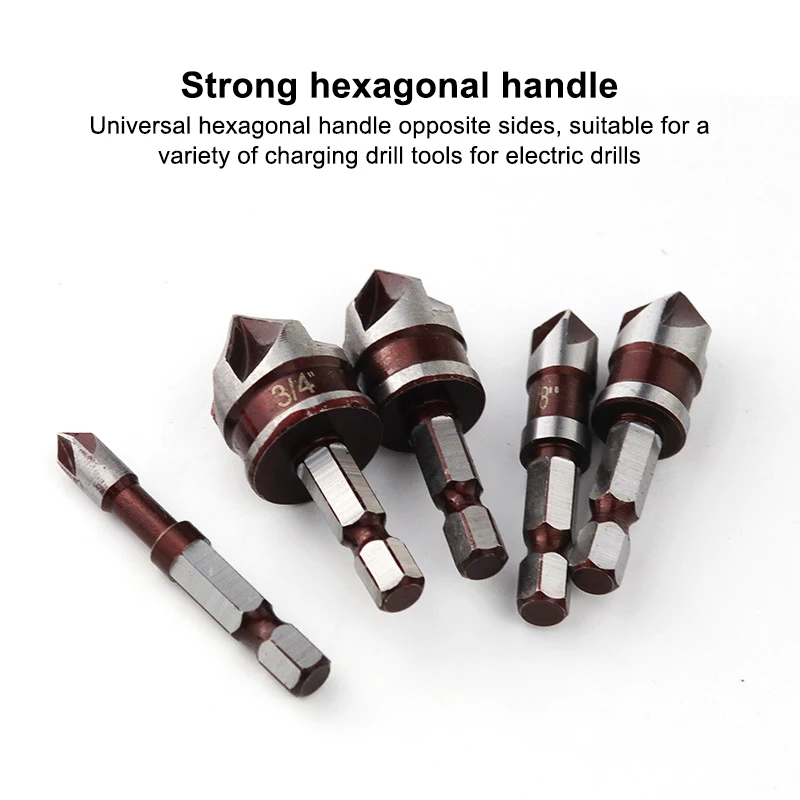 5개/세트 1/2" 1/4" 3/8" 3/4" 5/8" 카운터싱크 드릴 비트 육각 샹크 밀 커터 홀 커터 목재 금속 플라스틱 모따기 도구
