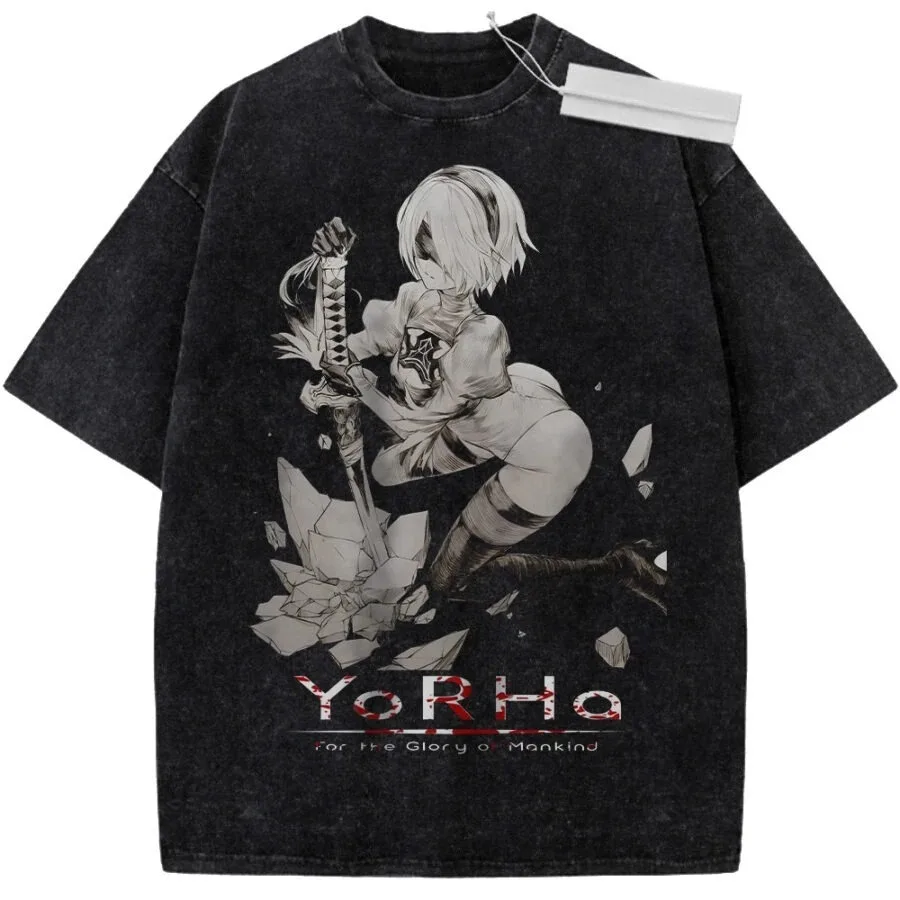 2026 Sommer NieR Automata 2B YoRHa Maid Anime Washed T-Shirt für Herren und Damen – Vintage Oversized Streetwear Harajuku Lässiges Baumwoll-T-Shirt – Detail 2