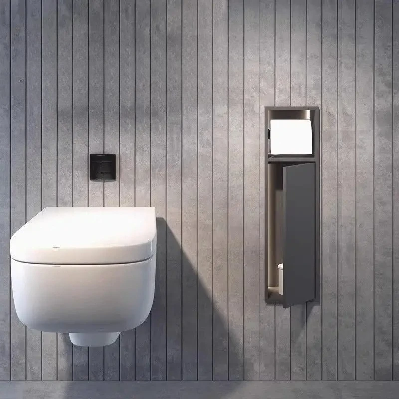 فرشاة تواليت من الفولاذ المقاوم للصدأ 304، مساحة تخزين مدمجة في الحمام مع باب، حامل ورق تواليت مخفي