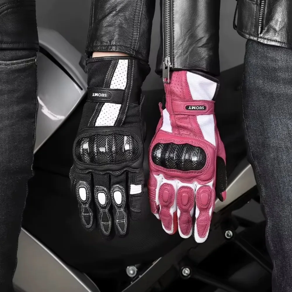 Lady Pink Motorcycle Gloves Women Goat Leather Motocross Racing Luvas Full Finger Scooter Bike Cycling Protective Gloves