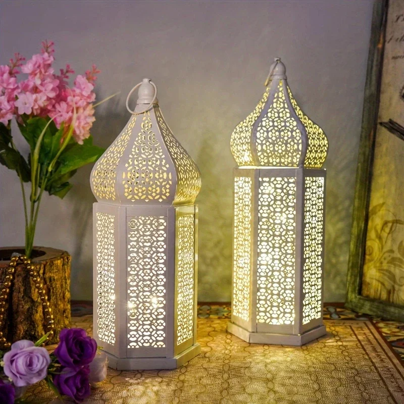 LED Wrought Iron Wind Lamp Can Be Hung with Hexagonal Antique Copper Hollow Lantern for Home Atmosphere Decoration Light
