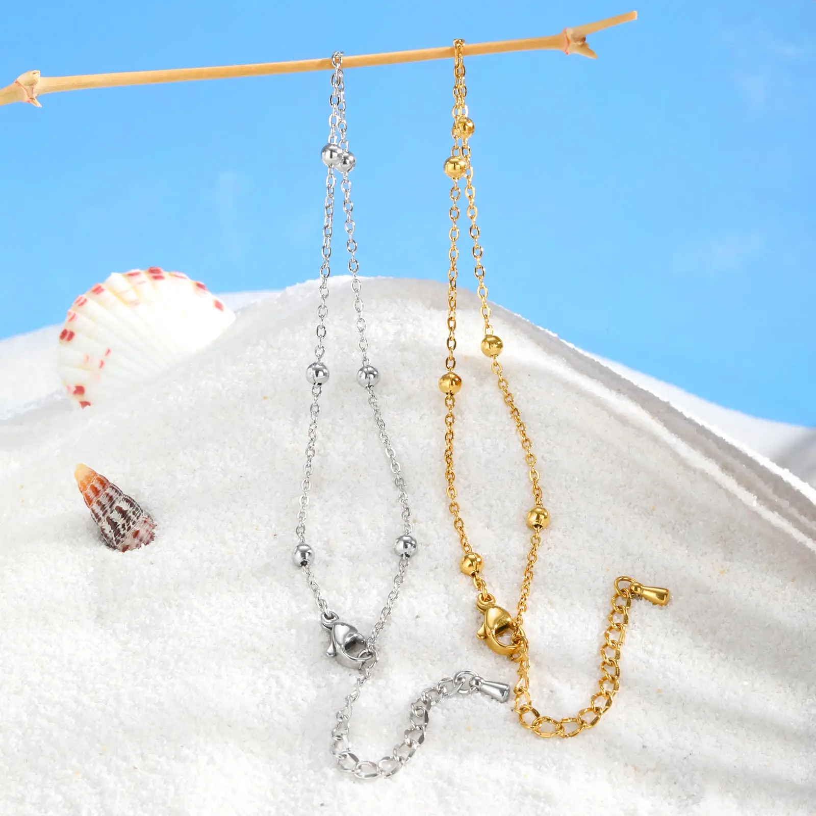 Pulseiras de corrente de tornozelo com bola de contas boho para mulheres, tornozeleira de aço inoxidável banhada a ouro, presente de joia de pé à prova d'água para praia de verão