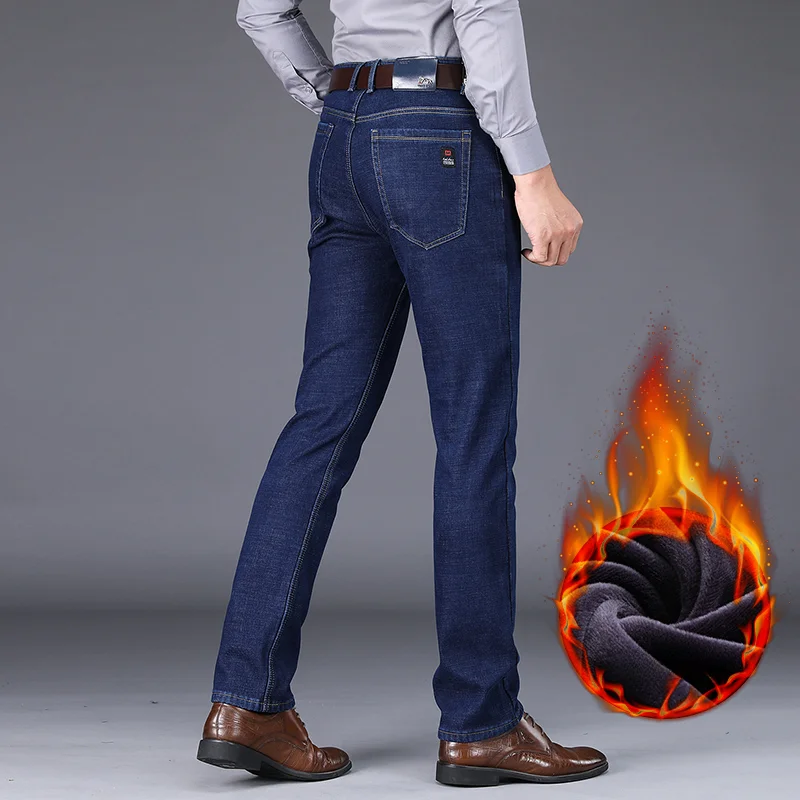 ผู้ชายใหม่ขนแกะกางเกงยีนส์ฤดูหนาว Thicken Plush กํามะหยี่ธุรกิจสํานักงาน DENIM กางเกงแบรนด์เสื้อผ้ายืดสบายๆกางเกงชาย