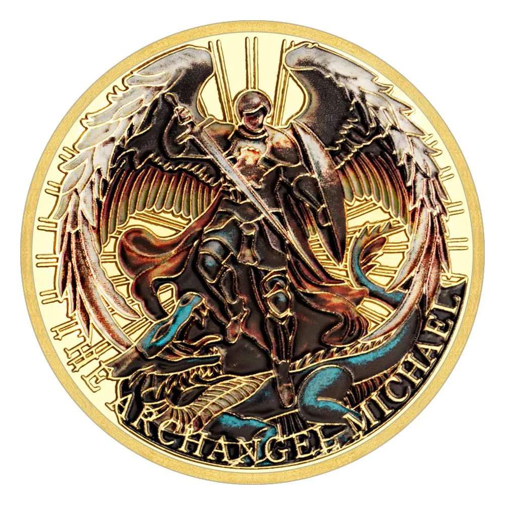 عملة رئيس الملائكة مايكل التذكارية المحظوظة المطلية بالذهب اللون ميدالية الملاك الحارس عملات قابلة للجمع #3