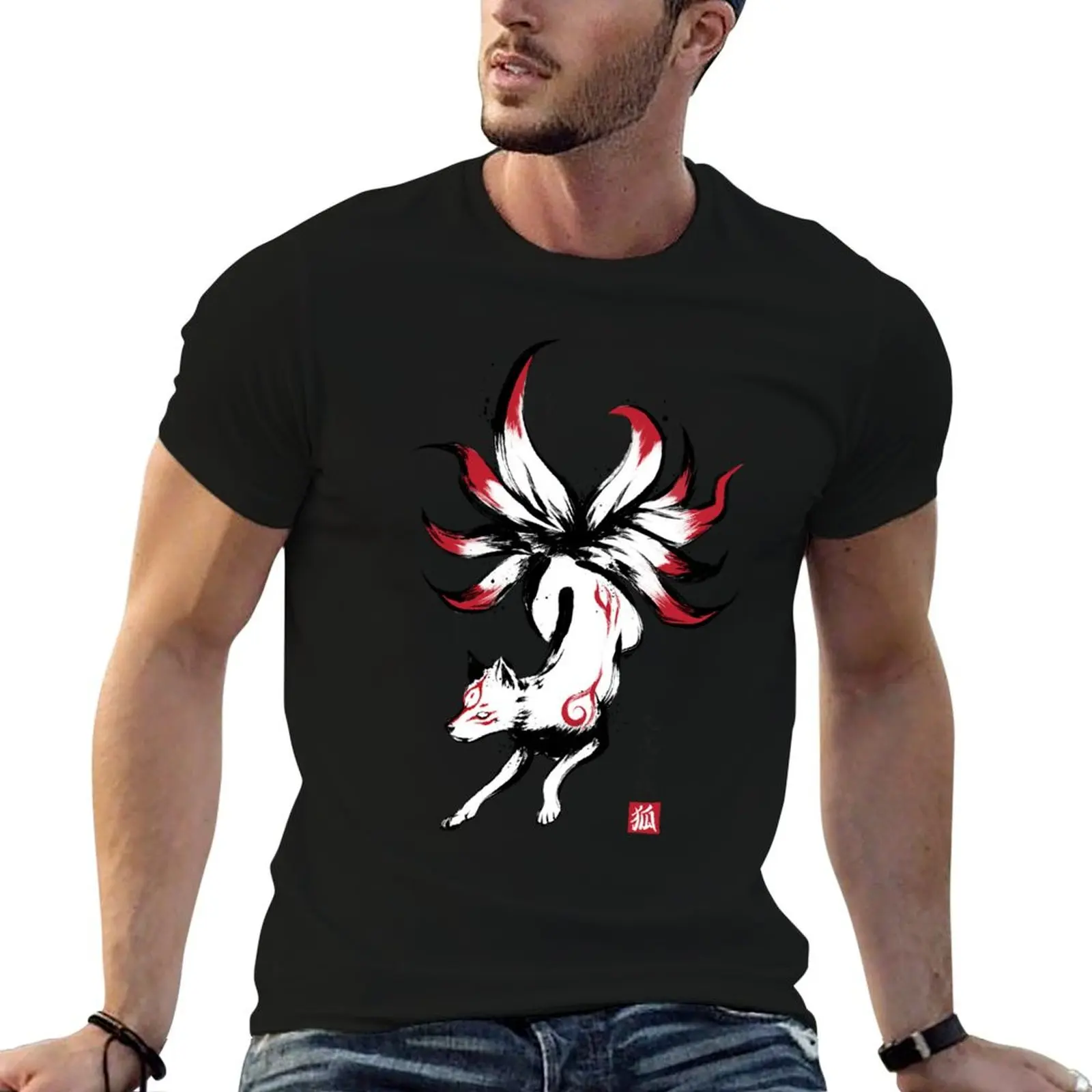 Kyūbi no kitsune sumi-e T-Shirt cute tops graphics anime t shirts anime tshirt t shirt for men