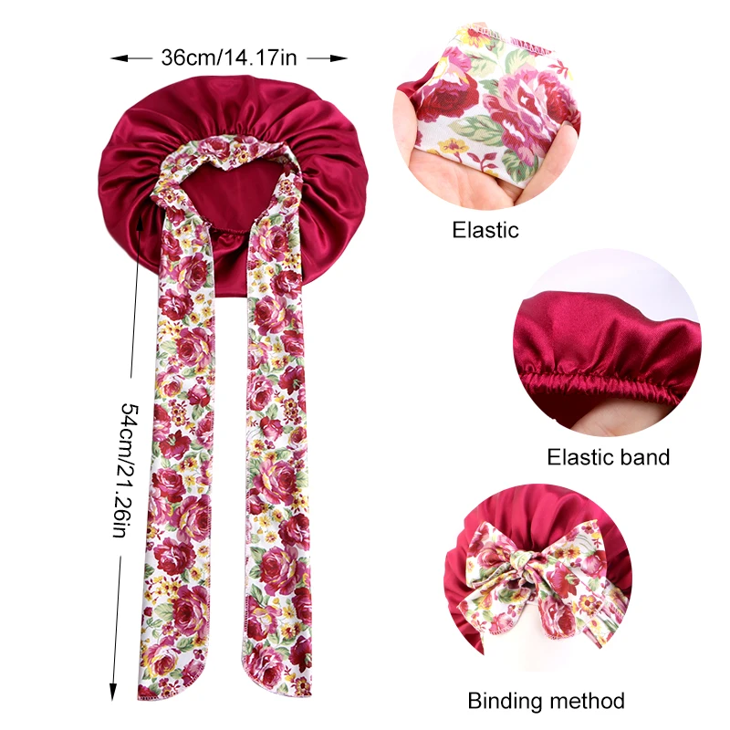 New Women Print Satin Bonnet Silky Hair Bonnet With Tie Band Sleep Hair Cover Night Bonnets Shower Cap Natural Curly Hair