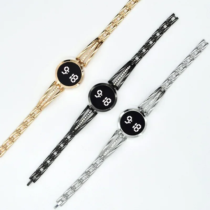 Fashion Electronic Watch for Women LED Steel Band Rhinestone Bracelet Watch Luxury Touch Digital Wrist Watches Reloj De Mujer