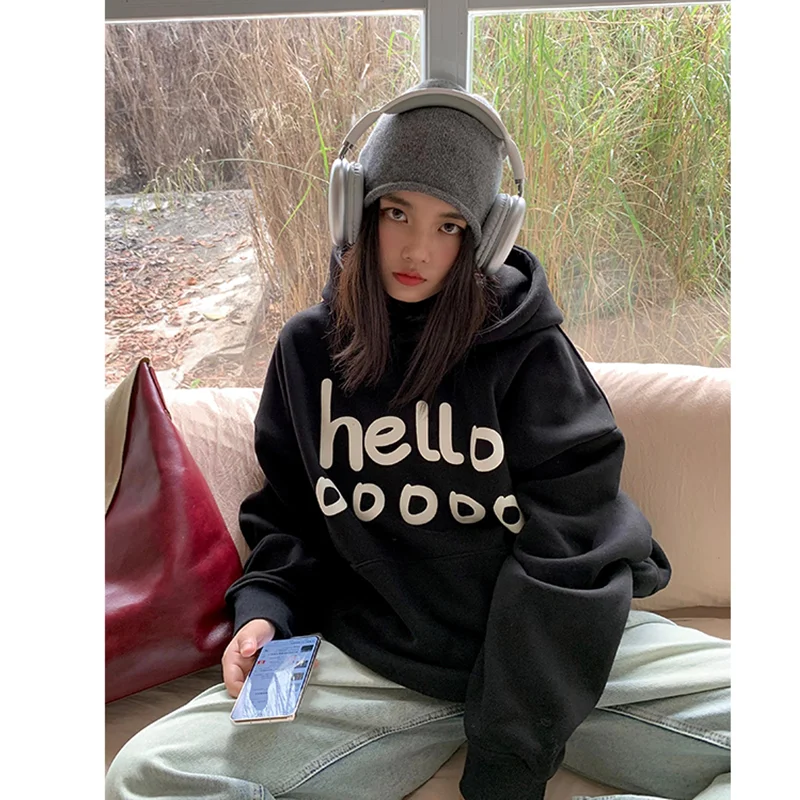 Womens Clothing Vintage Street Sweatshirt Y2K Letter Pullover Hoodie Long Sleeves Casual Warm Oversize Baggy Ladies Tops Autumn