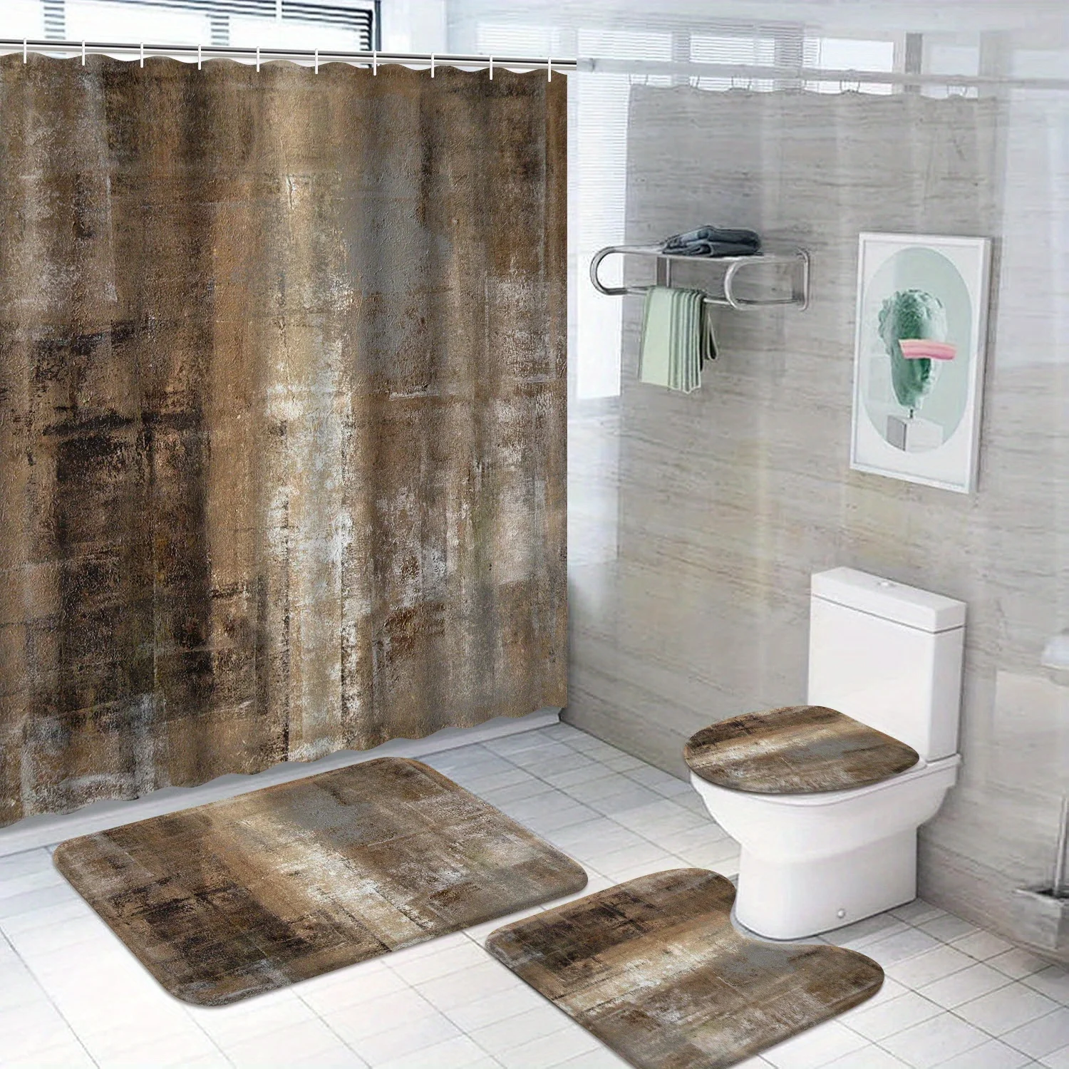 

Brown and Grey 4pcs Bathroom Accessory Sets, Abstract Art Shower Curtain and Rugs for Modern Brown Black Bathroom Decor Includin