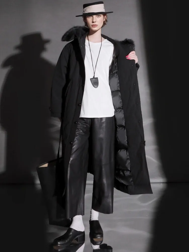 Winter Women Hooded Coat Single Breasted Medium Long Casual Overcoat High Street Fashion Goose Down Warm For Collar Cargo Jacket