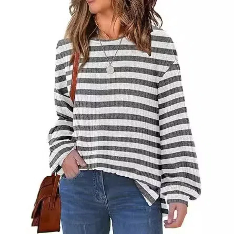 Women Long Sleeve Round Neck Striped Pullover Tunic Side Slit Solid Color Top