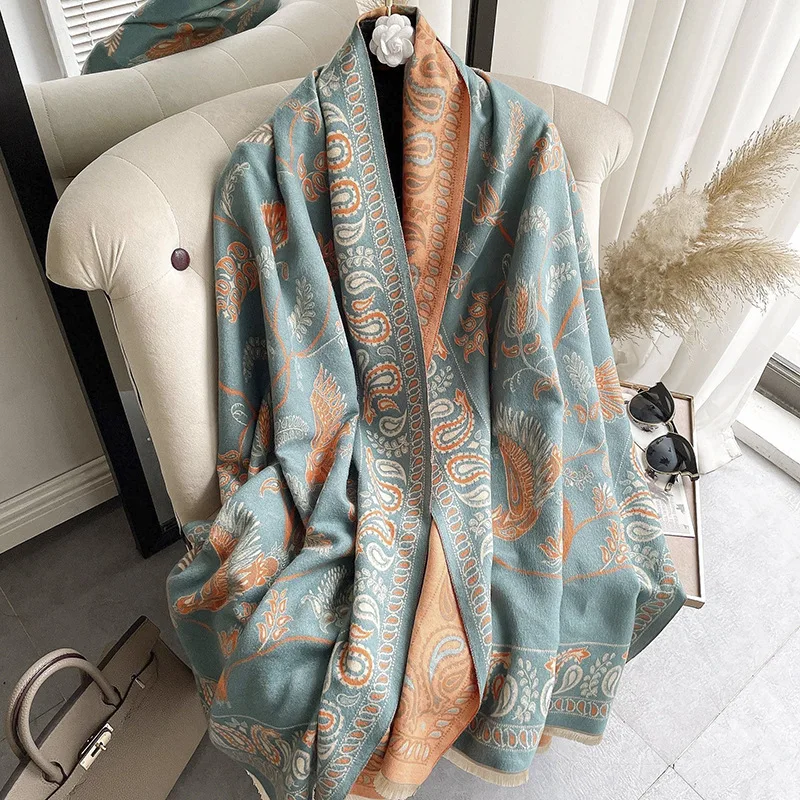 

Luxury Floral Print Scarf for Women Warmer Winter Imitation Cashmere Pashmina Scarves Shawls Female Thick Blanket Wraps Foulard