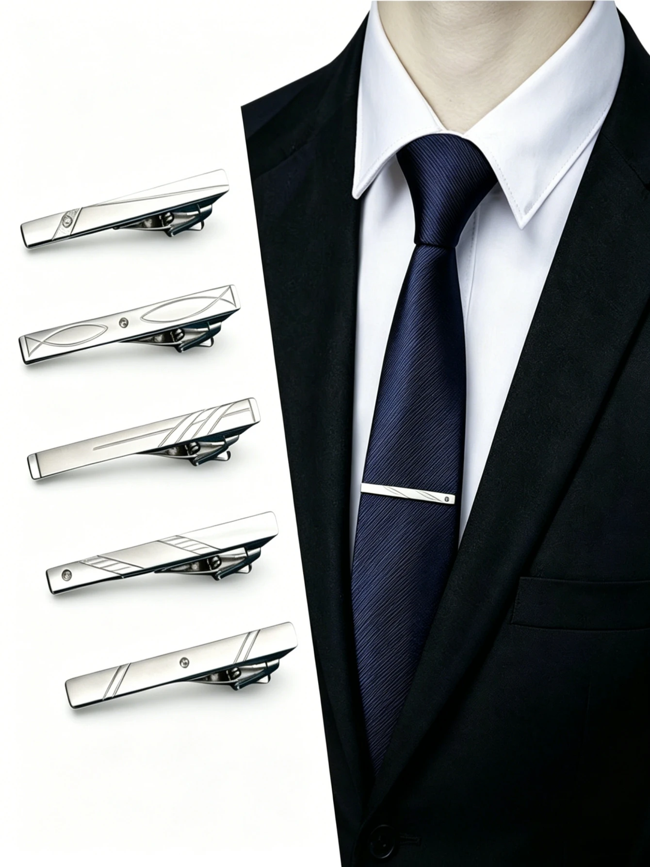 A set of 5 men's tie clips, suitable for business formal wear. Ideal for giving to fathers, husbands, friends, etc.