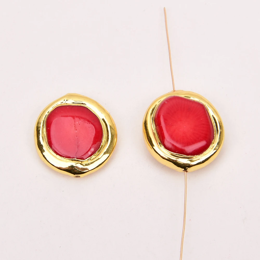 APDGG Wholesale 10 Pcs Natural Red Coral Coin Beads Gold Plated Edge Gems Bezel Beads Accessories Jewelry Findings DIY