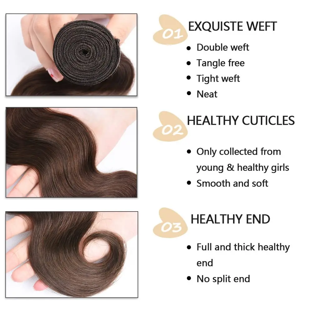 Bundles brésiliens de cheveux humains Body Wave pour femme, 100% cheveux humains non transformés, #4, extensions de tissage brun chocolat, 30 po