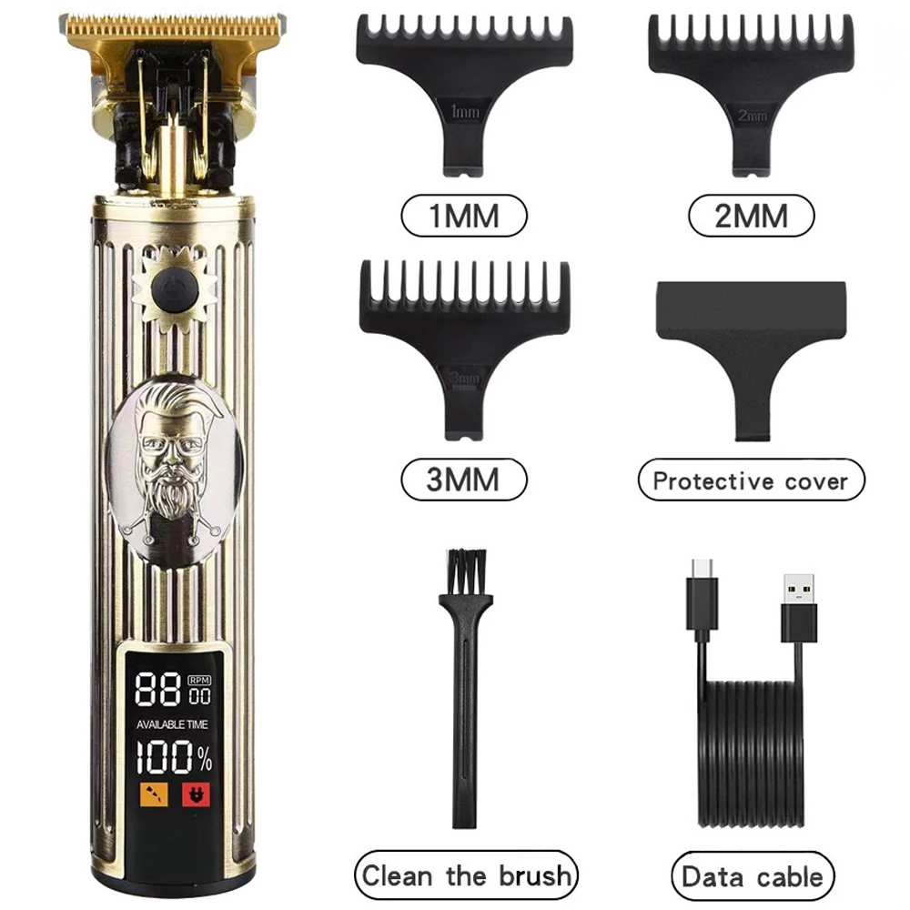 

USB Electric LCD Hair Clipper Trimmer All In One Gold Light Head Rechargeable Hair Clipper Oil Head Hair Carving Mark Razor