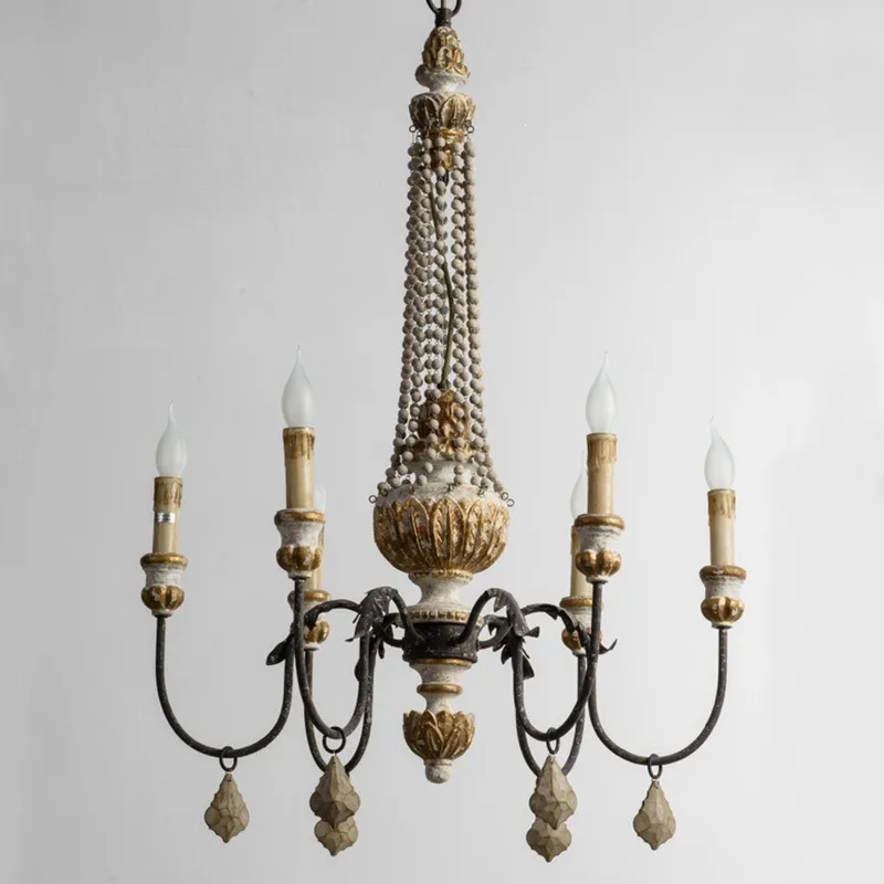 Retro solid wood chandelier, restaurant light, hand-made old carving wood art cafe Jane restaurant wood bead string chandelier