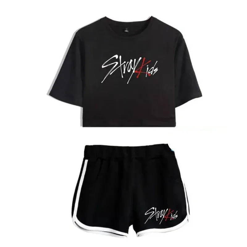 

Летние женские комплекты в корейском стиле KPOP Stray Kids 4MJK8E64, укороченный топ с короткими рукавами + шорты, спортивные костюмы, женские спортивные костюмы из двух предметов