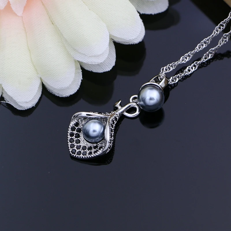 horn Flower Silver 925 Bridal Jewelry Sets Black Pearl Zircon For Women Wedding Pendant Drop Earrings Open Rings Necklace Set