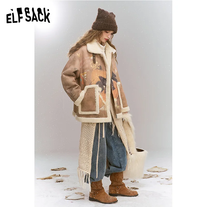 

ELFSACK 2024 Winter New Arrivals Original full-print imitation suede composite imitation plush loose thickened coat for women