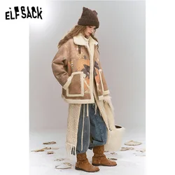 ELFSACK 2024 Winter New Arrivals Original full-print imitation suede composite imitation plush loose thickened coat for women