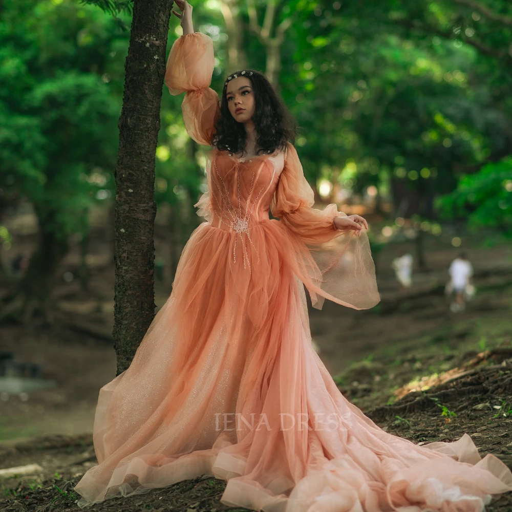 Robe de soirée élégante en tulle rouge orange avec perles, robe de photographie Boho Maxi Mesh, nickel é A-ligne, chérie, femmes