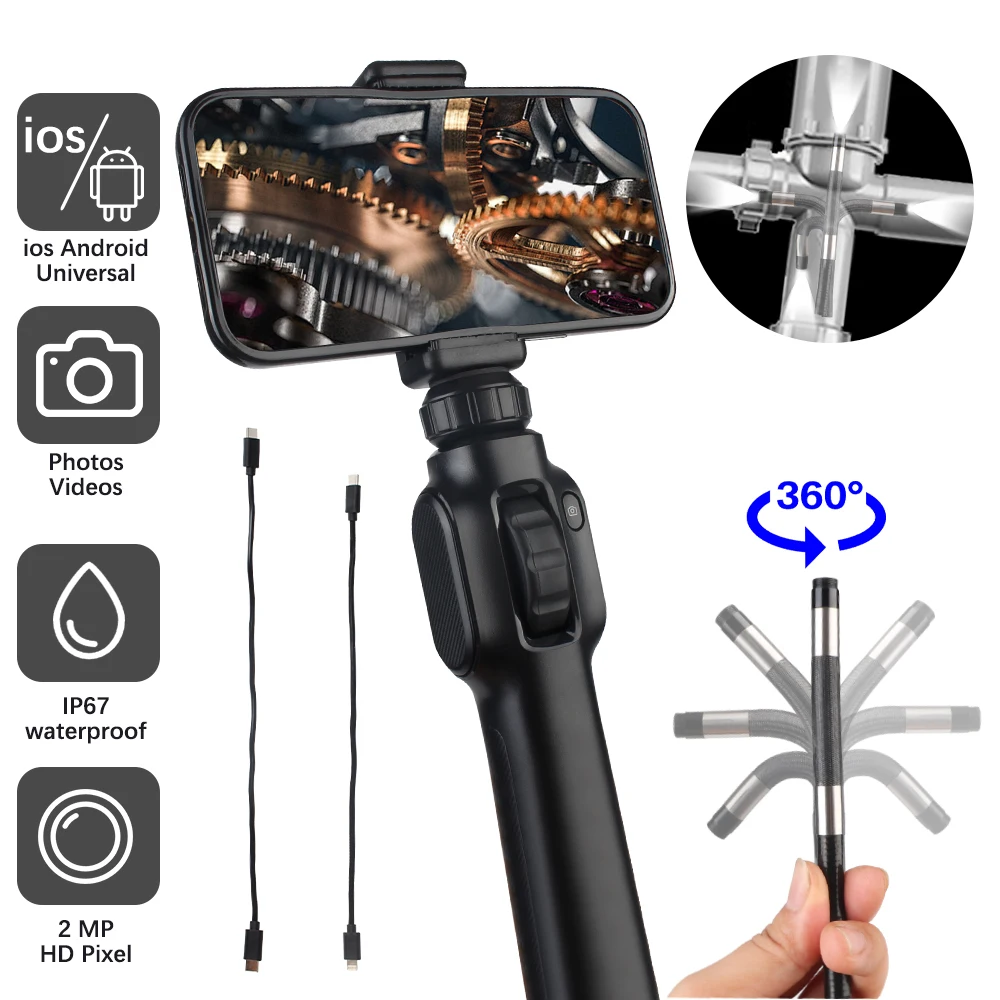 With Articulation Cars Inspection Camera Articulating Borescope 360° Steering Endoscope 1080P for Android/IOS with 8 LED Lights