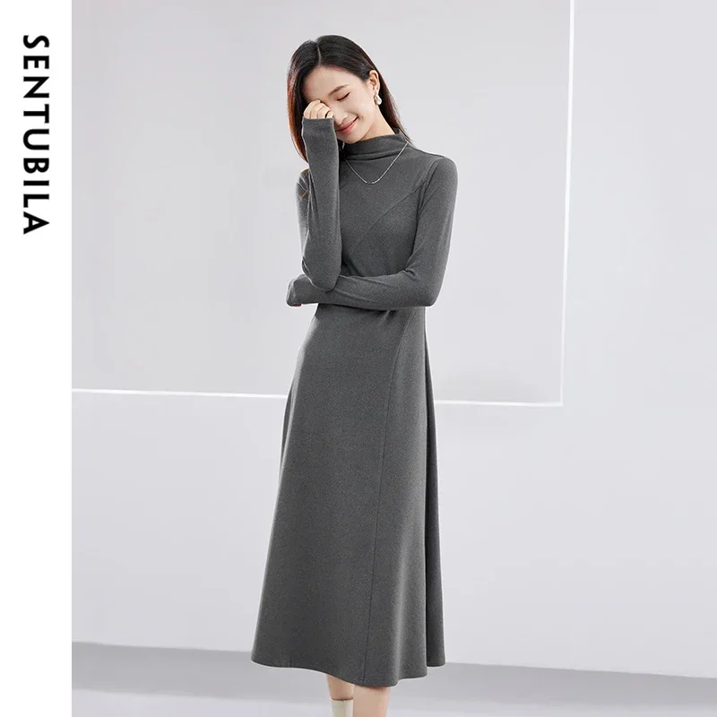 SENTUBILA Turtleneck Fitted Warm Knitted Dresses Women 2024 New In A Line Midi Long Sleeve Winter Dress Woman Clothing 134L53186