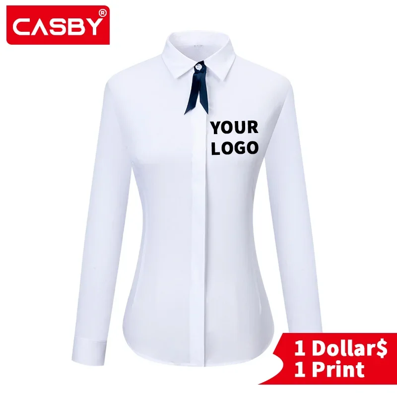 5pcs Long Sleeve custom logo Shirts Women Blouse Autumn Lapel Office Ladies Button Casual Shirt BusinessBlousesBlue Tops Blusas