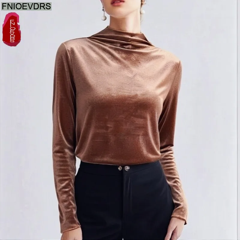 

Черные бархатные топы с высоким воротником, блузки, новая модная женская осенне-зимняя базовая одежда, элегантная офисная женская рубашка в стиле ретро с длинными рукавами