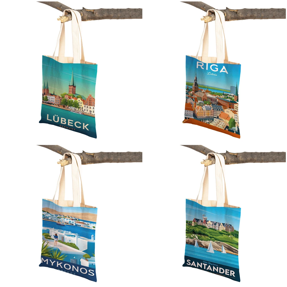 Rome Italy London Germany Travel to City Shoulder Shopper Bag Women Shopping Bags Double Print Lady Canvas Handbags Tote