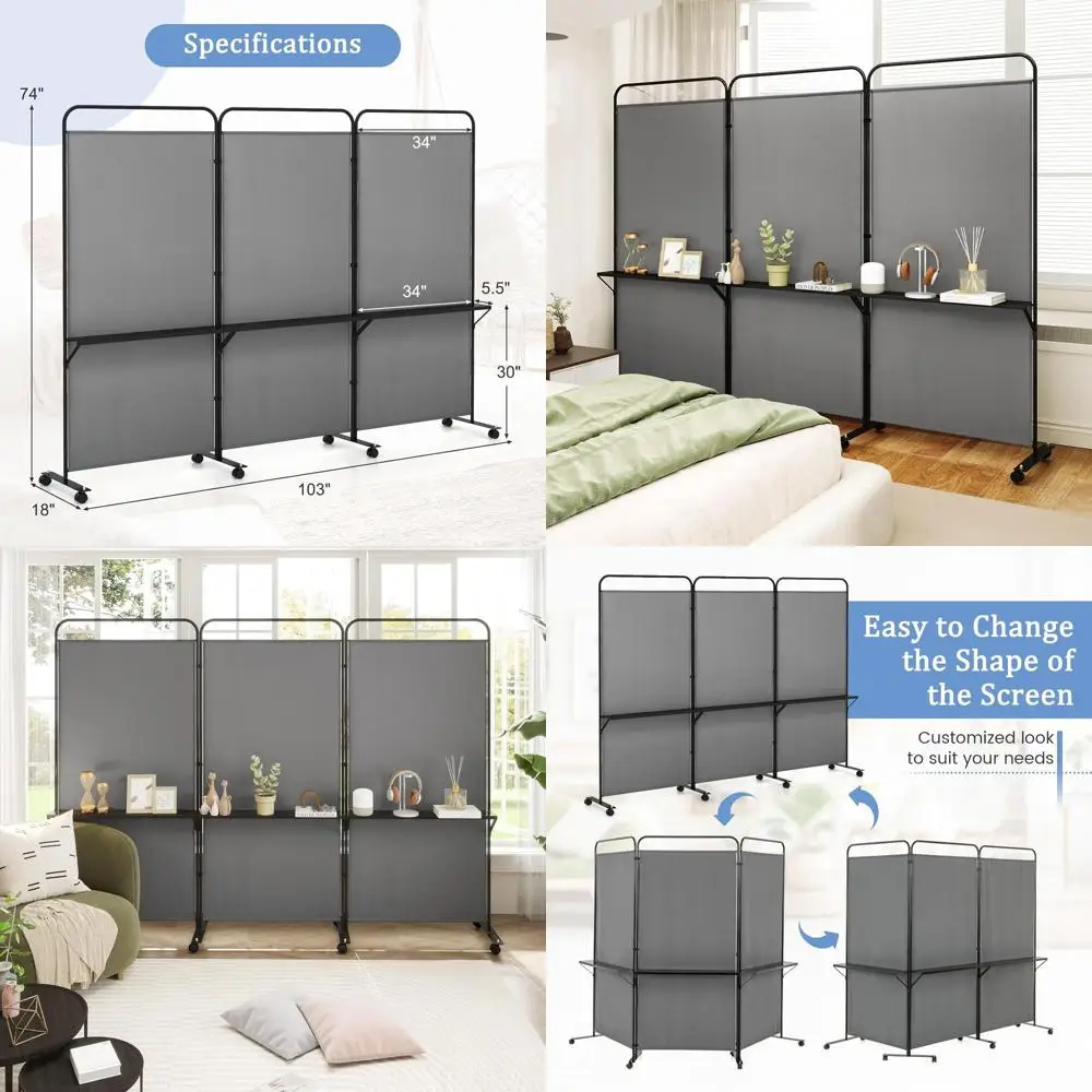 

Grey 3-Panel Room Divider with Storage, Lockable Wheels, Portable Privacy Screen