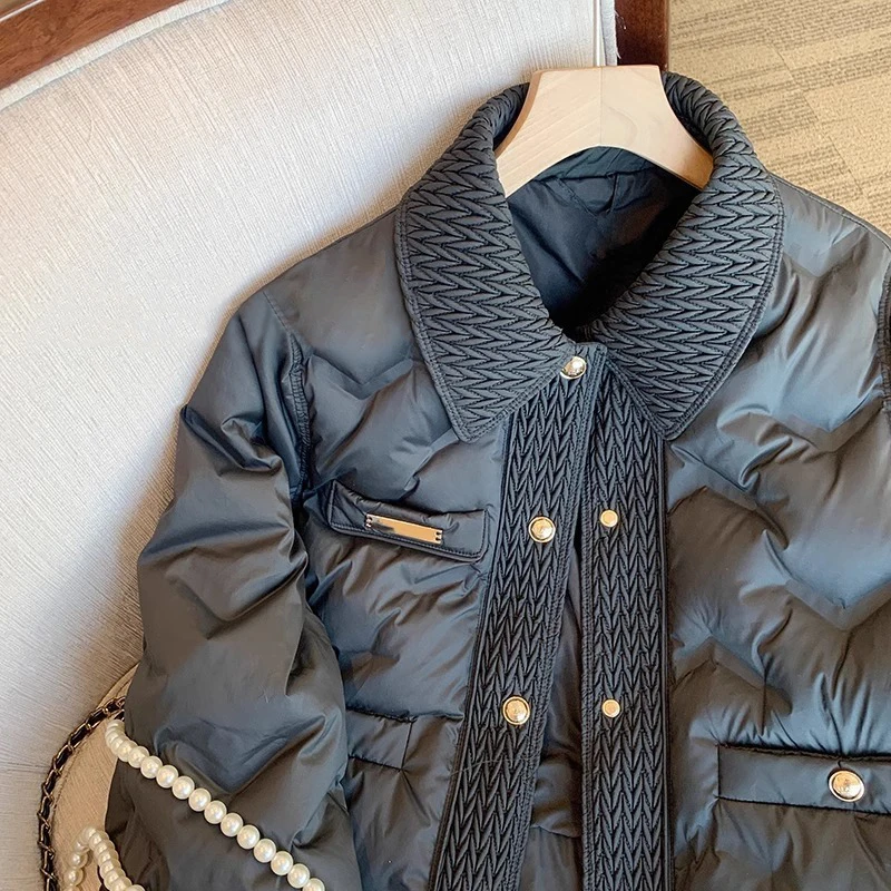 Slim Fit Lightweight Cotton Jacket for Women Black Warmth Collar Autumn Winter Fashionable Versatile Short Coat Korean Style