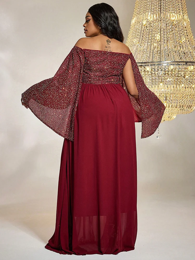 TOLEEN Women Plus Size Maxi Dresses Fashion Wine Red Sequin Chiffon Dress Bat Sleeve Line Neck Heavy Industry PROM Dress