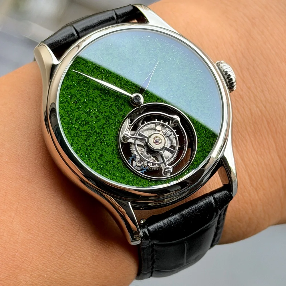 Merkur Tourbillon Watch Men Natural Green Jinsha Stone Dial Mechanical Hand Winding Sapphire Crystal Gift For Him 42mm