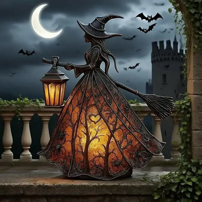 Witch Resin Tabletop Night Light with USB Powered Glow Halloween Decor for Goth Party Table Mantel Shelf Horror Movie Night view 5