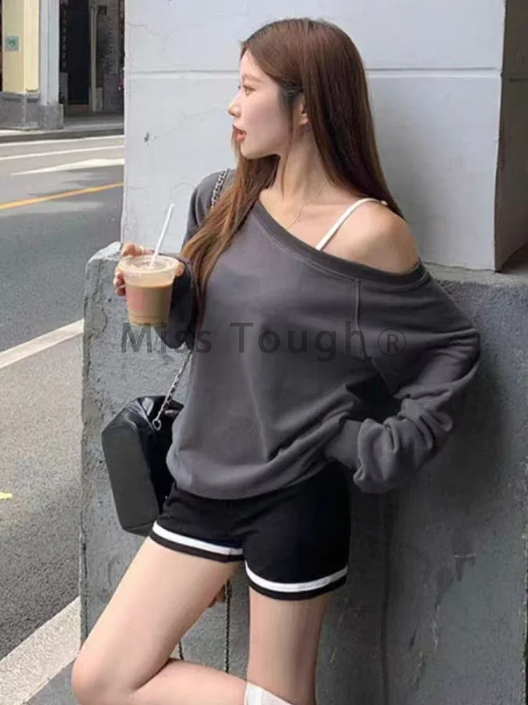 Korean Fashion Loose 3 Piece Set Women Autumn Vintage Long Sleeve Solid Off Shoulder Tops + Sexy Slim Sling Short Pants Suit New