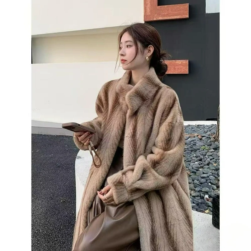 New Style American Retro Eco-friendly Fur Coat Stand-up Collar Thickened Women High-end Knee-length Overcoat  2026 Autumn/Winter