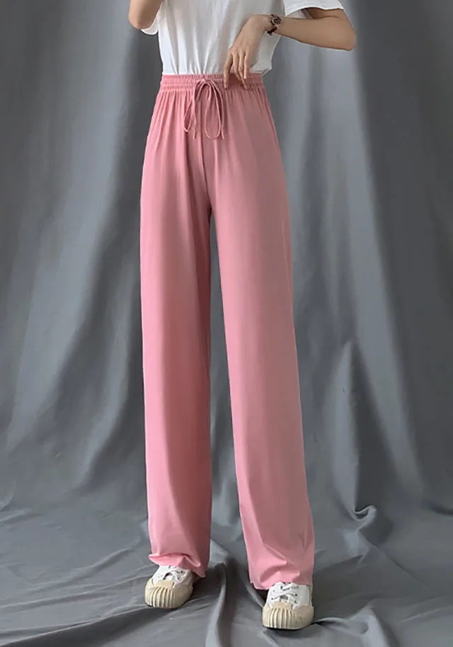 New High Waist Wide Leg Pants Summer Ice Silk Thin Draping Slim Straight Trousers Floor Sweeping Casual Long Pants Office Ladies