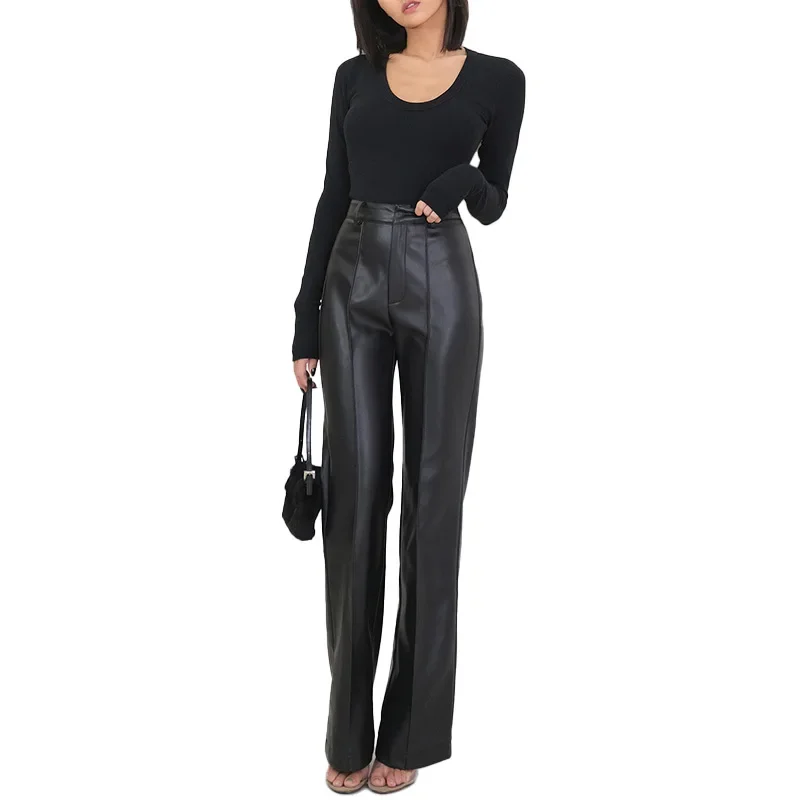 Wholesale Casual Ladies Wide-Legged Trousers Black Long Women Leather Pants