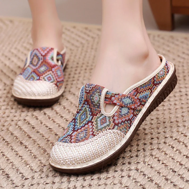 Zapatos de tela antideslizantes para mujer, sandalias y zapatillas de lino transpirables de verano, prendas de vestir exteriores para mujer,