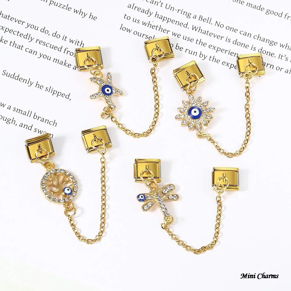Modischer Schmetterling-Anhänger mit bösen Augen und Hängekette, italienische Charms, passend für 9-mm-Armbänder, Edelstahlschmuck – Detail 3
