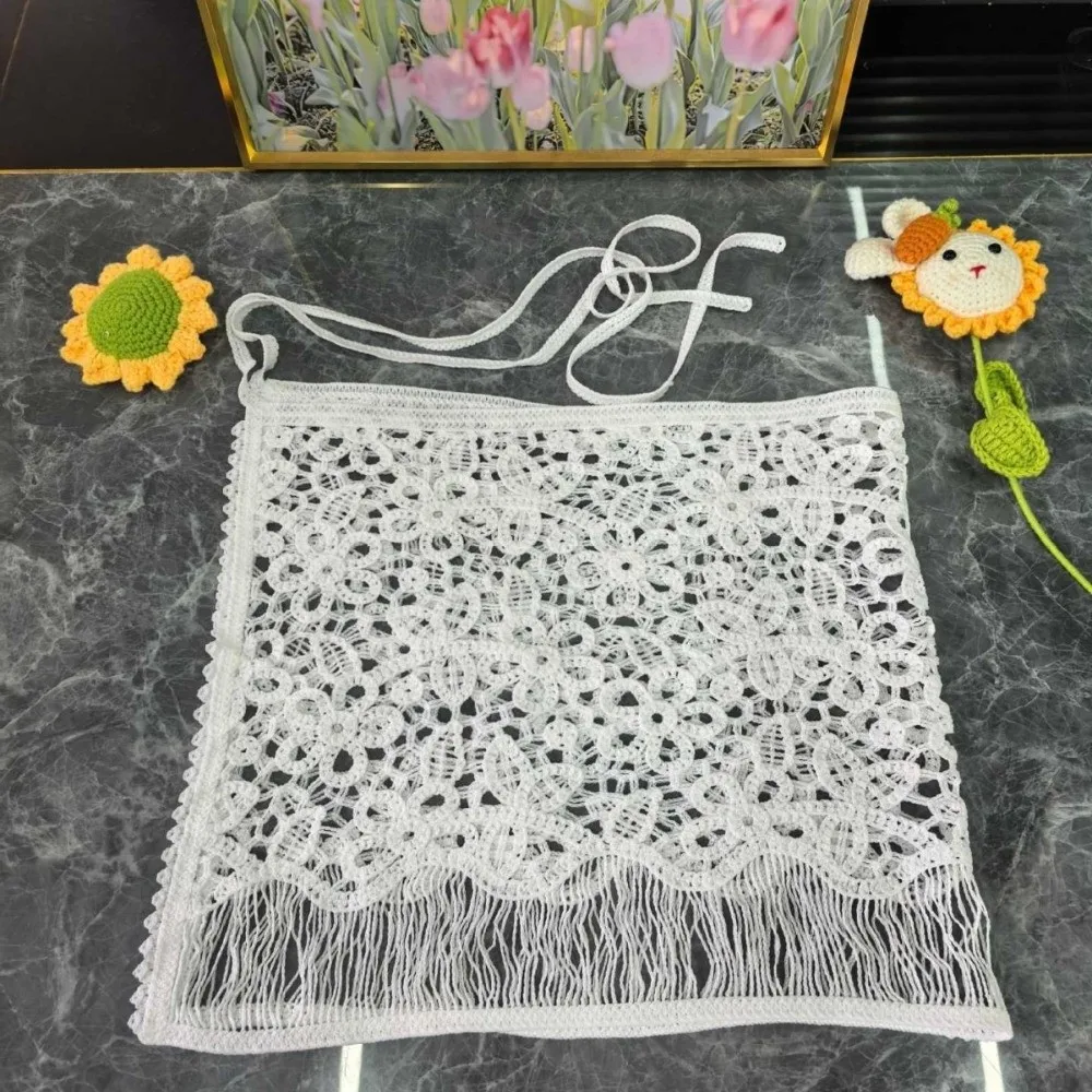 

Lace Up Triangle Hip Scarf White Lace Trim Tulle Crochet Short Skirt Wrap Sweet Sophisticated Embroidery Waist Belt Festival