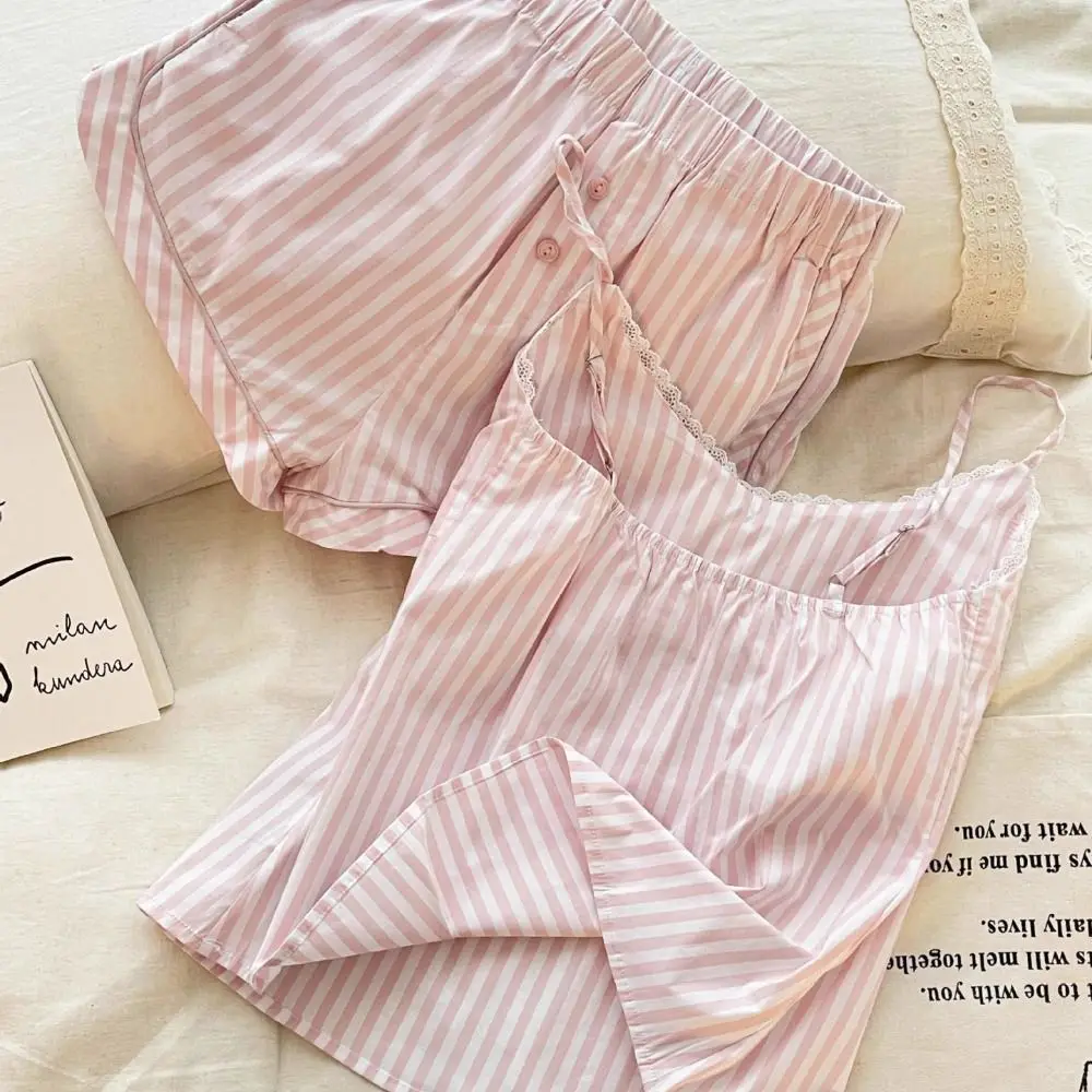 Bowknot Lace Stripe Pajama Suit Slim Fit Sleeveless Camisole Shorts Nightwear Loose Women Sleepwear Two Pieces Pajama Sets Home