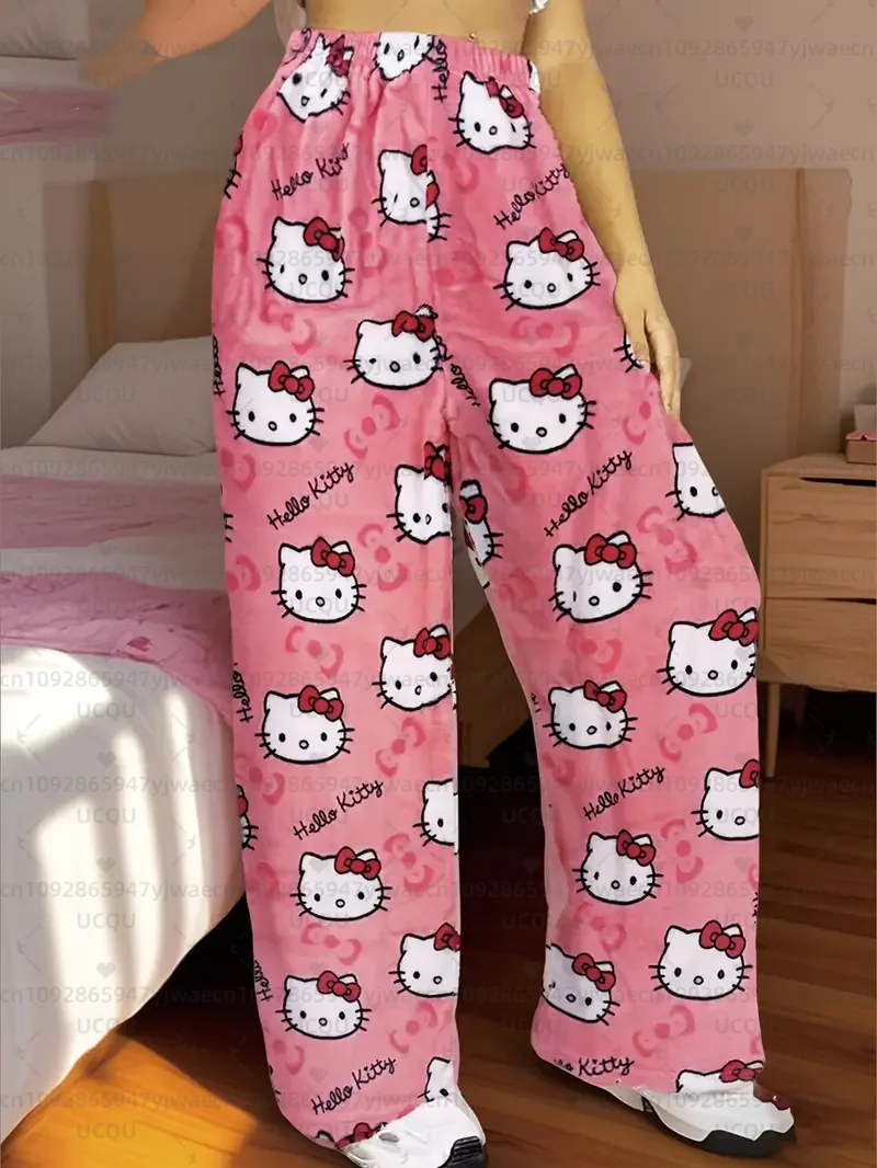 Pantaloni da pigiama lunghi accoglienti invernali da donna Stampa simpatico cartone animato Pigiama caldo Hello Kitty Pantaloni di flanella carini Autunno/Inverno