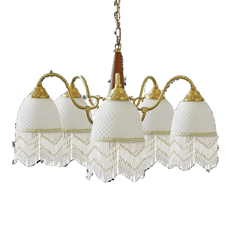 

French full copper medieval living room chandelier retro walnut glass fringed dining room bedroom light