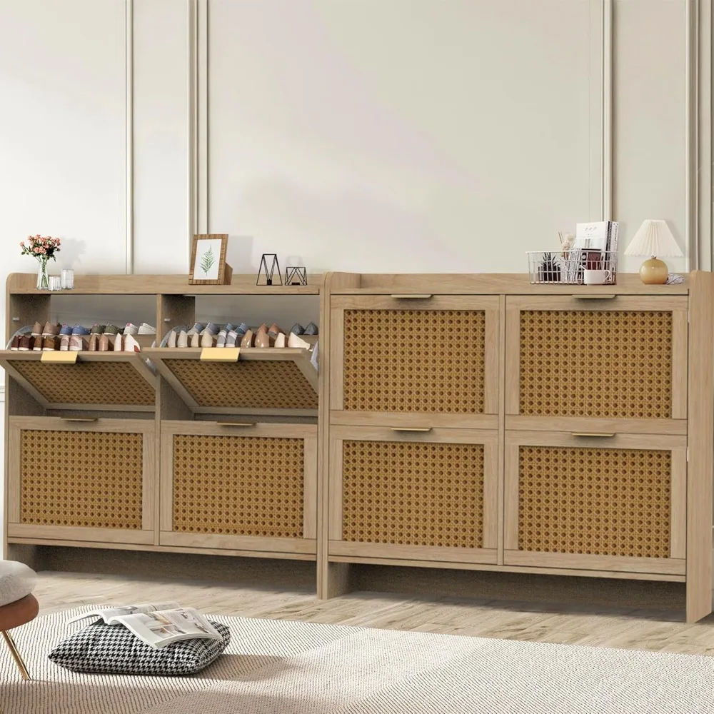 رف منظم للأحذية الضيق قائم بذاته مع درجين وأرجل معدنية، وخزانة تخزين خشبية طبيعية للمدخل