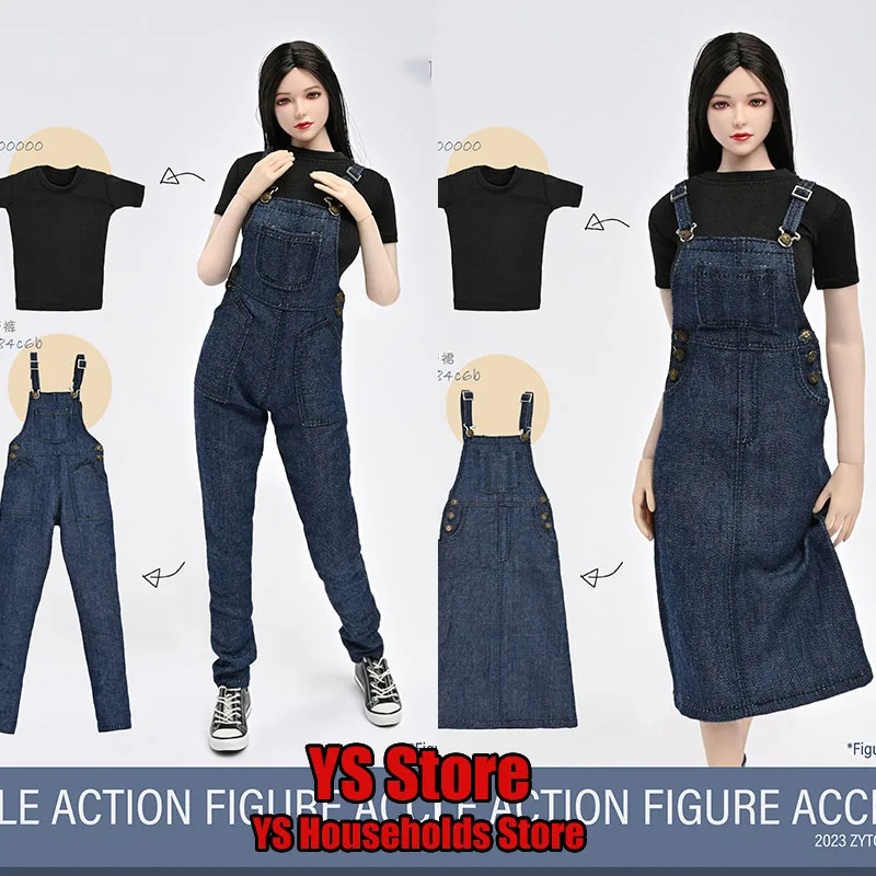 ZYTOYS ZY5054 1/6 Female Soldier Black T-shirt Denim Suspender Pants ZY5055 Short Sleeve Long Skirt Clothes Set For 12