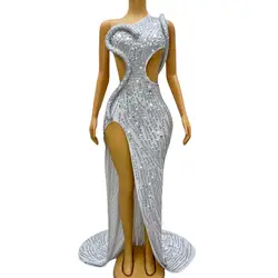 Luxury Crystals Big Tail Split Dress Evening Birthday Celebrate Party Prom Gowns Film Festival Rhinestones Costume Siluo