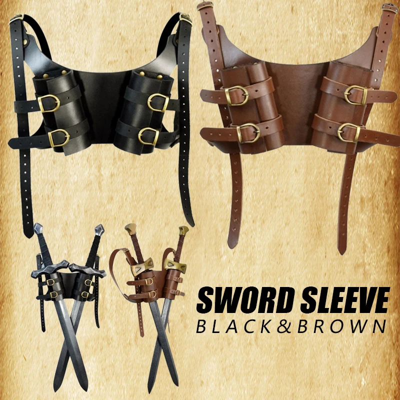 Vintage Medieval Scabbard Knight Sword Holster Double Strap Sword Back Holder Black Bag Holster Warrior Armor Costume Cosplay